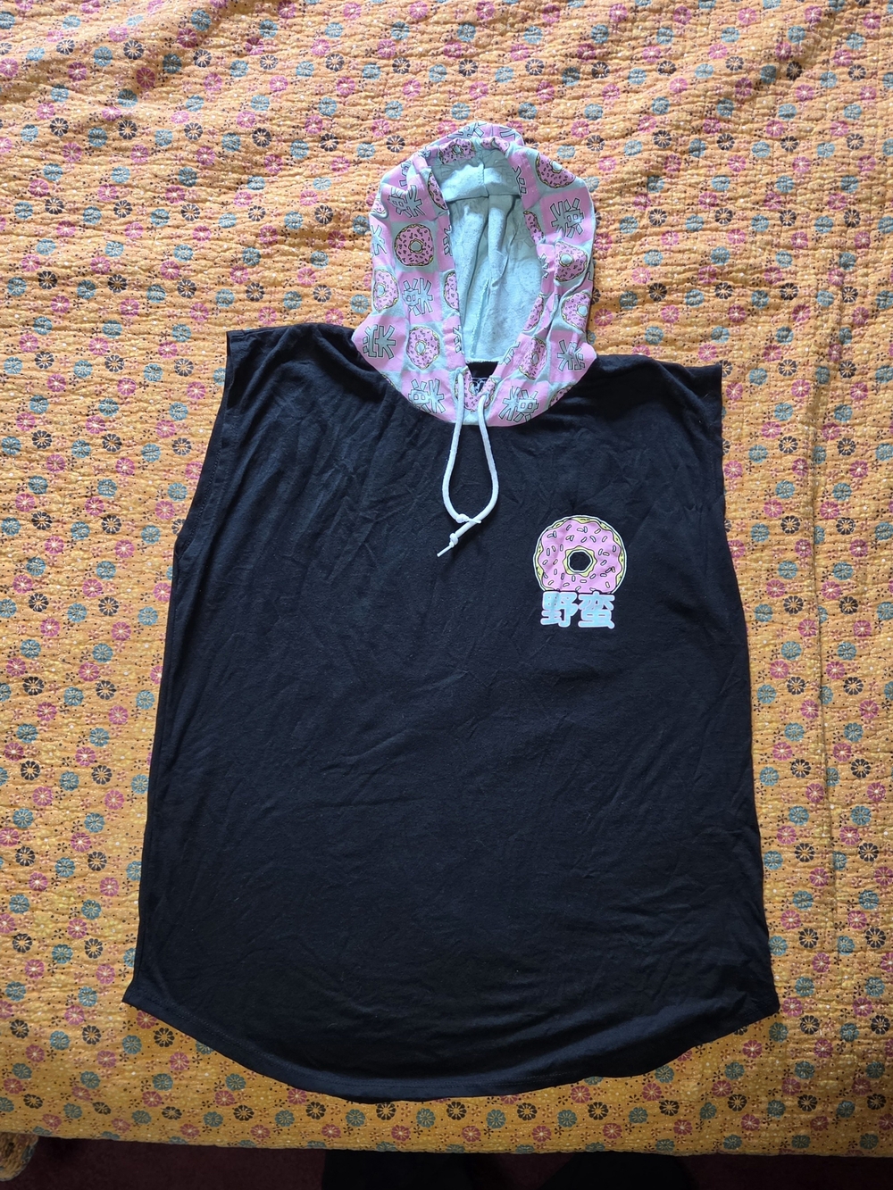 Black Hooded Top with Pink Donut Print L